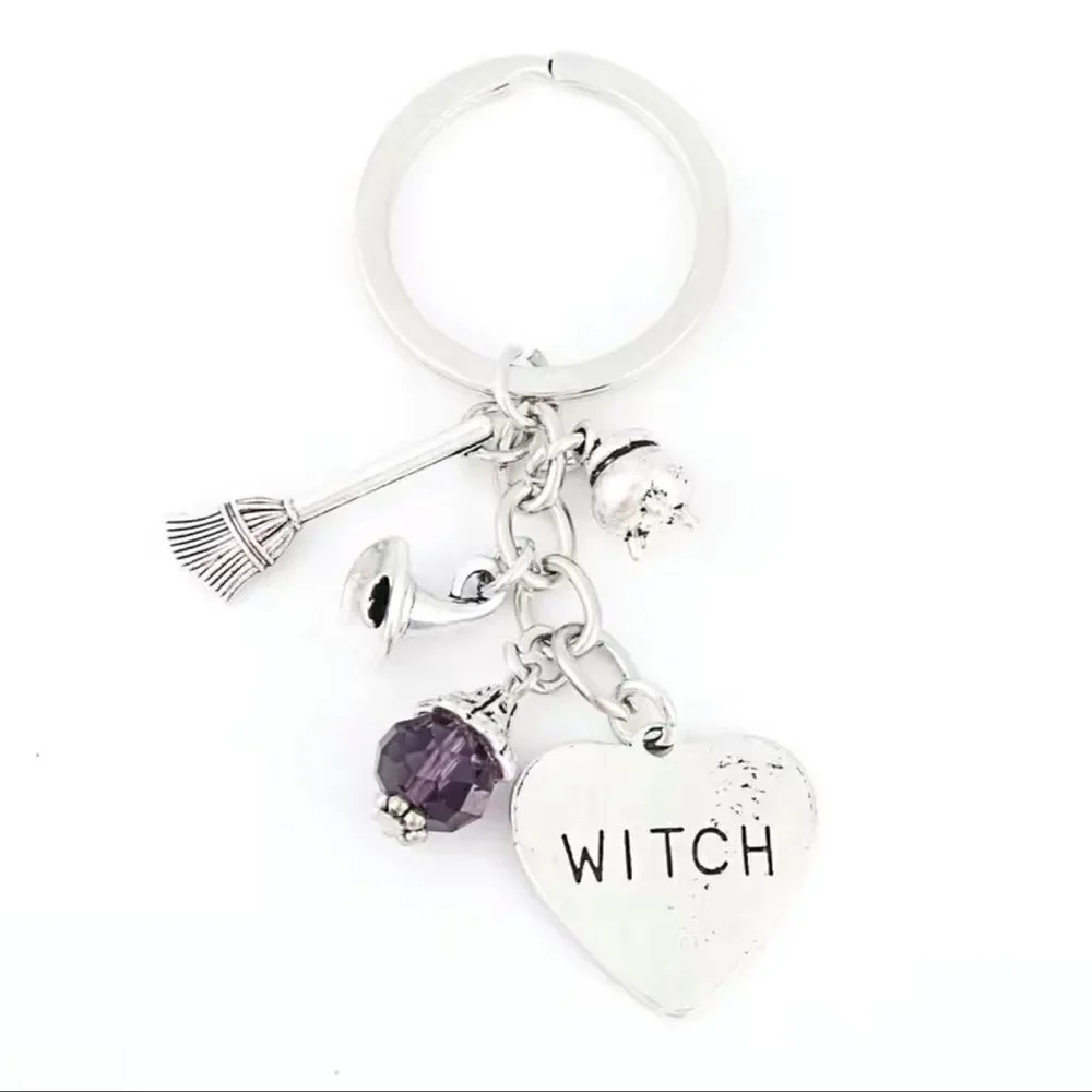 Witch, Keychain with cauldron broom, witch hat, purple beaded, glass, crystal